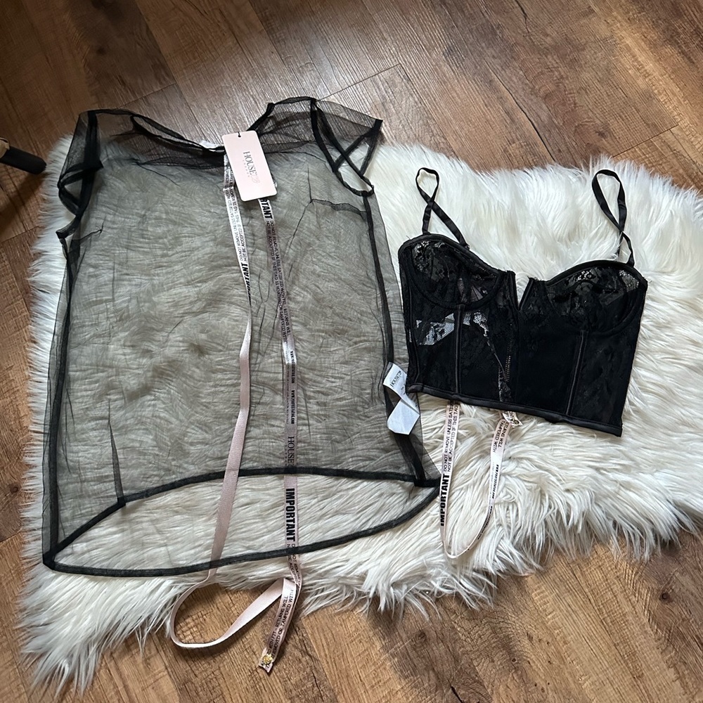 HOUSE OF CB Black Lace Corset Bustier And Sheer Top Set